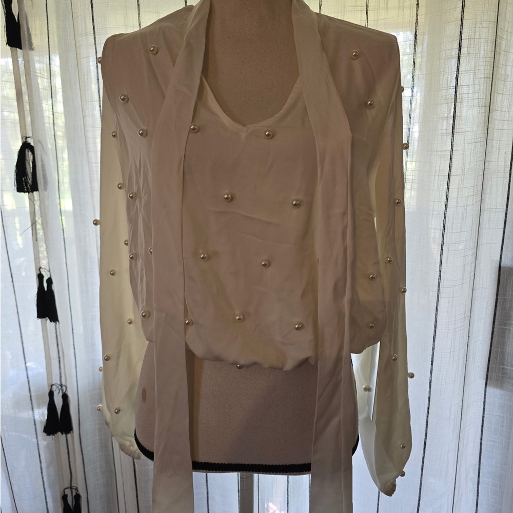 Cream Relaxed Embellished Long Sleeve Blouse